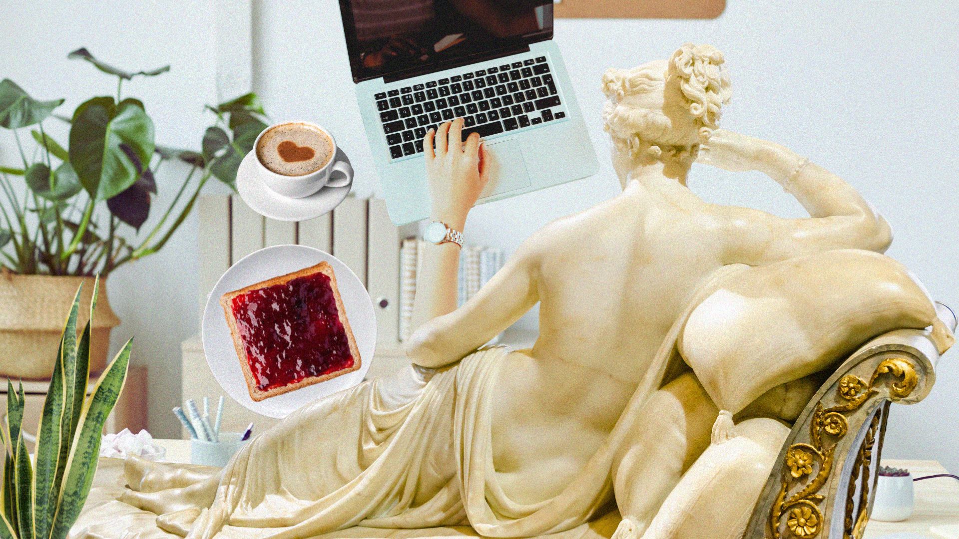 A marble statue of a woman leaning on a chaise lounge with a laptop, coffee and toast.